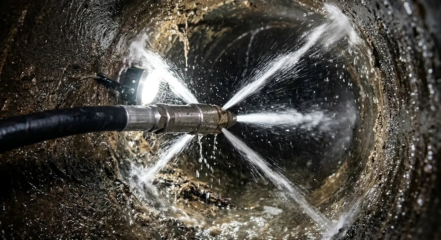 High-pressure hydro jetting nozzle cleaning sewer pipe for Storm Drain Cleaning in Dumont