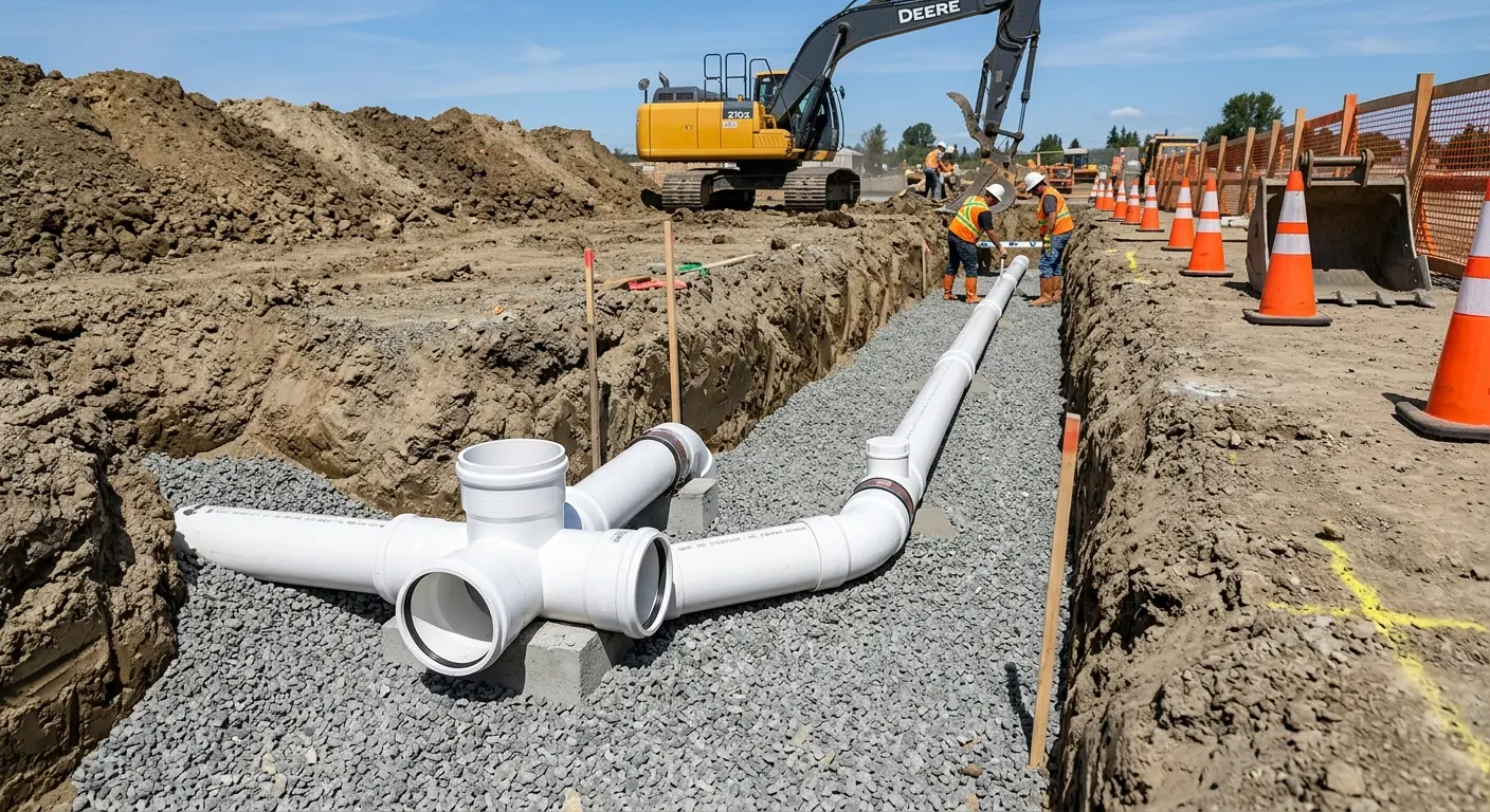 New PVC sewer pipe installation in open trench for Sewer Backup in Dumont
