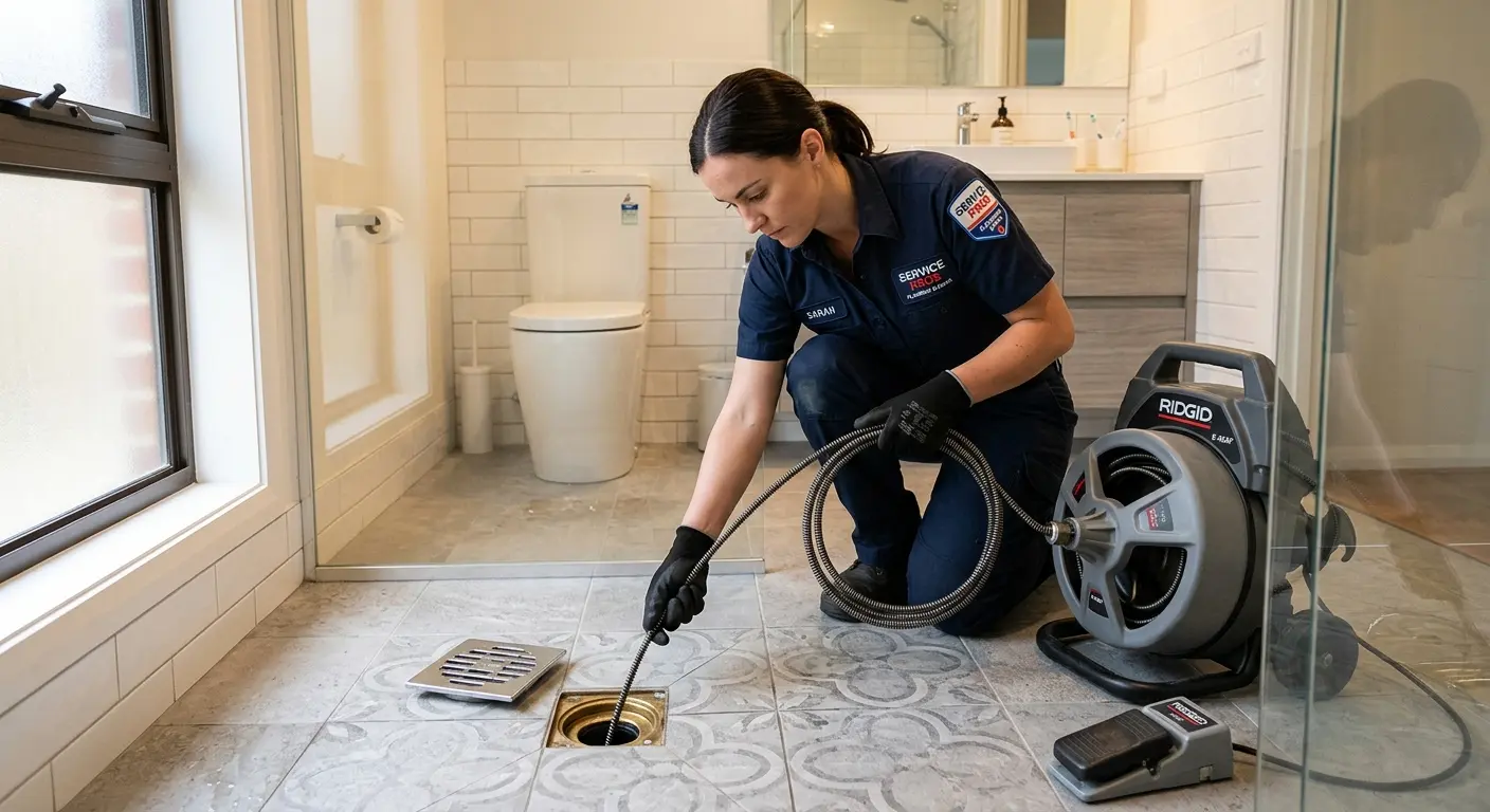 Technician clearing a bathroom floor drain for Drain Cleaning in Dumont